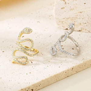 Elegant 18K gold plated stainless steel snake ring with sparkling crystals on stone