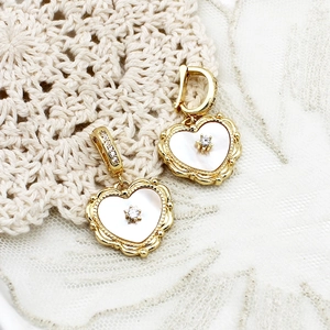 Elegant 18K gold plated heart earrings with white shell inlay and star stone detail