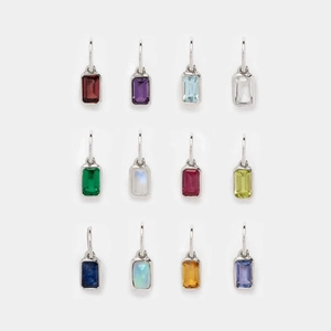 Set of 12 colorful rectangular birthstone pendants in polished silver steel settings