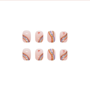 Short pink press-on nails with rainbow wave patterns and gold glitter heart designs