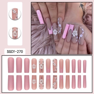 Pink press-on nails set with 3D white flowers, glitter finish, and rhinestones SGCY-270