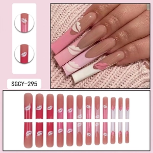 Extra long pink French ballet press-on nails with white lip pattern and 24 pieces set