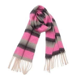Detail of soft striped knit scarf in pink, grey, and black with beige tassels