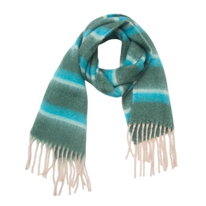 Close-up of soft green and blue striped wool blend scarf with fringe tassels detail