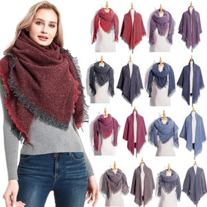 Detailed grid showing multi-color cashmere-like knit scarves with stylish fringe trim