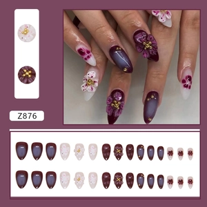 Deep purple and white press-on nails with 3D floral accents and gold beads style Z876