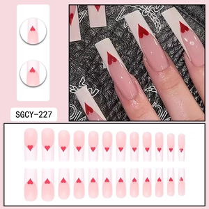 Long coffin press-on nails with sweet French pink base and red heart design 24pcs