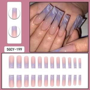 Long coffin purple marble French fake nails set with 24 pieces glue on press-on nails