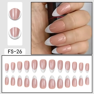 French tip almond fake nails in nude pink with 24 pieces set for professional manicure