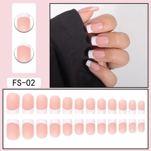 Pink and white French tip square fake nails set shown on hands and in detailed full kit layout