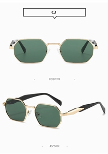 Detailed views of vintage polygon metal sunglasses with dark green lenses and gold frame