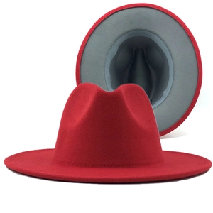 Red wool fedora hat with light grey inner brim and wide brim for fashion styling