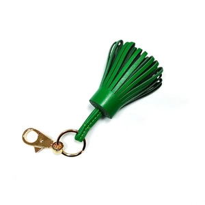 Genuine green leather tassel keychain with gold metal clasp for bag charm accessories