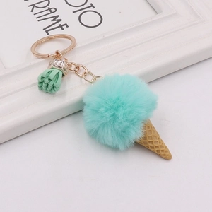 Cute mint green plush ice cream keychain with rose gold ring and leather tassel