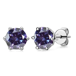 Detail of S925 sterling silver earrings with purple moissanite in six-prong setting