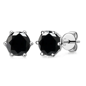Close-up of S925 sterling silver stamp and 1 carat black moissanite stud earrings