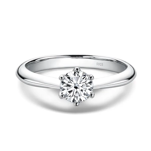 Classic S925 sterling silver six-prong 2ct moissanite ring shown on white background