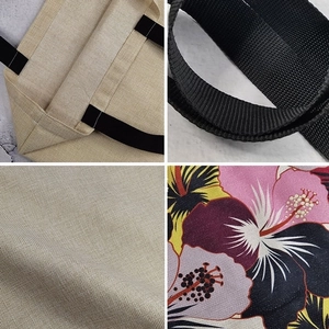 Linen canvas tote bag with floral patterns and black straps shown in four detail views