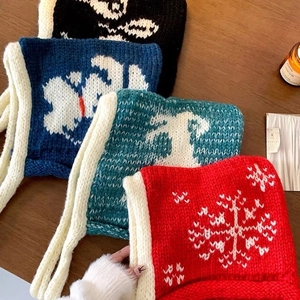 Balaclava Knitted Hat Winter Warm Earflap Lace Up Crochet Woolen Cute Cartoon Pattern For Women