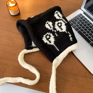 Handmade knitted balaclava hat in black and white with cute balloon patterns and ties