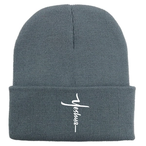 Graue Strickmütze mit Yeshua-Stickerei und Kreuz-Design für Damen und Herren