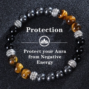 Detail view of tiger eye and obsidian beads with protection text and lotus icon