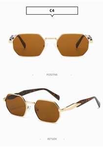 Detailed front and 45-degree side views of gold metal octagonal sunglasses with brown lenses