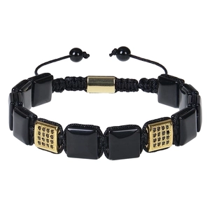Detail of hand-woven bracelet with 10mm square malachite and gold micro-pave charms