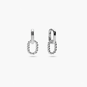 Silver double hoop earrings featuring a smooth upper ring and a textured twisted bottom loop