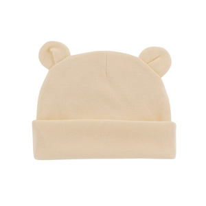 Soft cream-colored newborn knit hat with cute round mouse ears and folded brim design