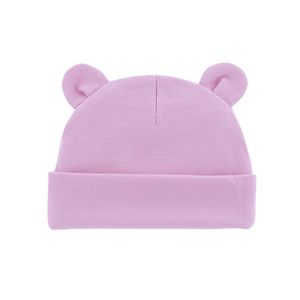 Soft pink knitted baby beanie with cute Mickey ears and a folded brim on white background