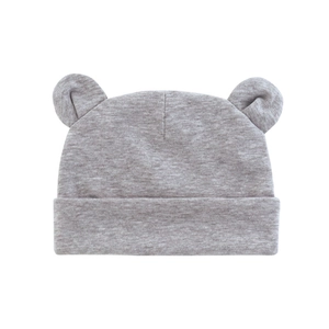 Infant grey knit beanie with bear ears features soft textured cotton blend fabric