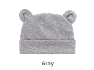 Detailed view of grey baby knit hat with cute Mickey ears and elastic rolled brim