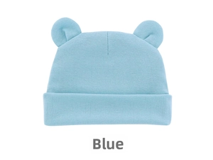 Detail of light blue infant knit beanie with round ears and wide ribbed folded cuff