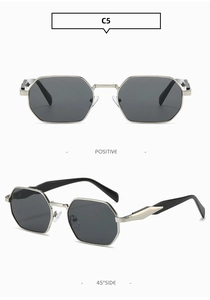 Detailed front and side views of silver hexagonal metal sunglasses with dark grey lenses