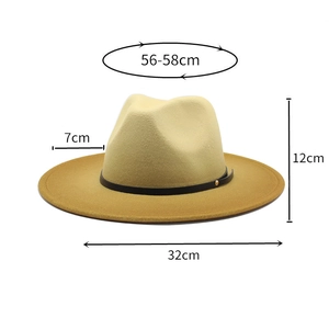 Size specifications of wide brim wool fedora hat with dimensions and band detail