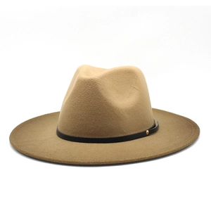 Camel felt fedora hat with wide brim, black leather band, and gold metal stud detail