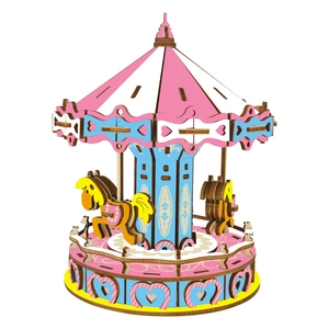 3D wooden carousel puzzle model for kids DIY assembly in pink and blue pastel colors
