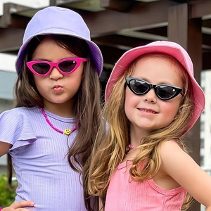 Kids trendy cat-eye sunglasses and bucket hat set in purple and pink for summer sun protection