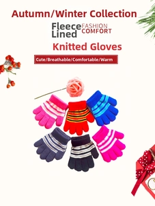 Close-up of fleece-lined interior on striped knit gloves for toddlers aged 1-4