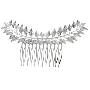 Silver alloy hair comb with hollow leaf design and 10-tooth polished metal clip