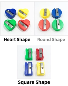 Detail view of colorful mini pencil sharpeners in heart, round and square plastic shapes