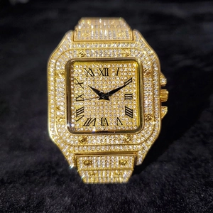 Luxury gold square watch with full diamond setting and Roman numerals for men
