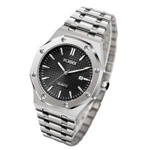 Close-up of luxury stainless steel business watch with black dial and date window