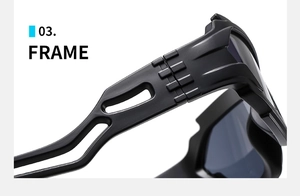Detalle de gafas de sol Y2K que muestra acabado mate y patillas aerodinámicas huecas