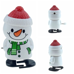 Detailed views of a wind-up snowman toy with red hat and green scarf from multiple angles