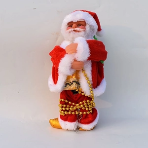 Detail of Santa Claus figurine in red suit with golden bead chain and sturdy clip