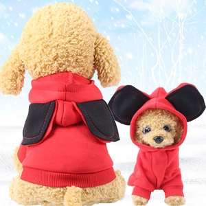 Red hooded pet sweatshirt with cartoon ears for dogs and cats in a winter snow scene