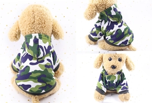 Detailed views of camouflage hooded pet sweater with ribbed cuffs for small dogs and cats
