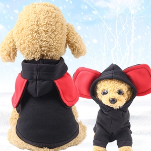 Thick warm pet hoodie for dogs with red ear hood design and color-blocking detail